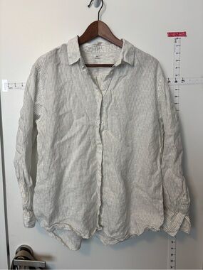 Muji Linen Lightweight Striped Button-Up Shirt — white with Thin Blue Stripes XL